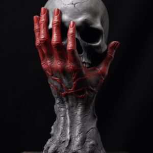 estatua decorativa de mano ensangrentada sosteniendo una calavera de color gris metálico